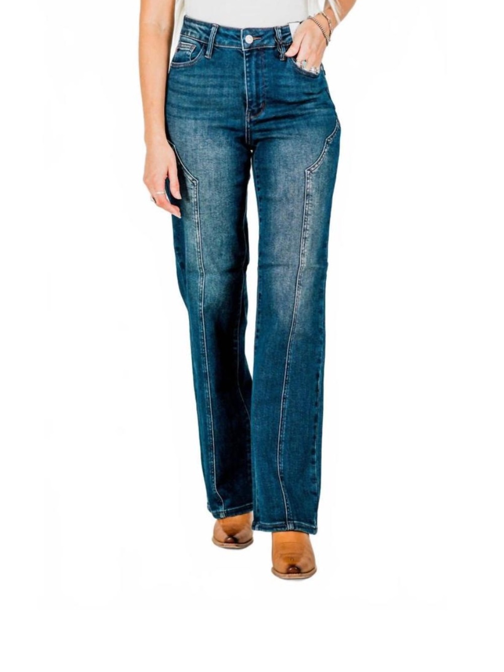 Judy Blue Mid-Rise Straight Leg Western Seam Jeans in Medium Blue Wash